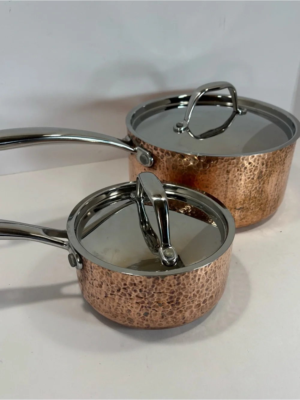 Lot Of 2 VTG French Style Hand Hammered Copper Saucepans Tin Lined 8”/5” W/Lids